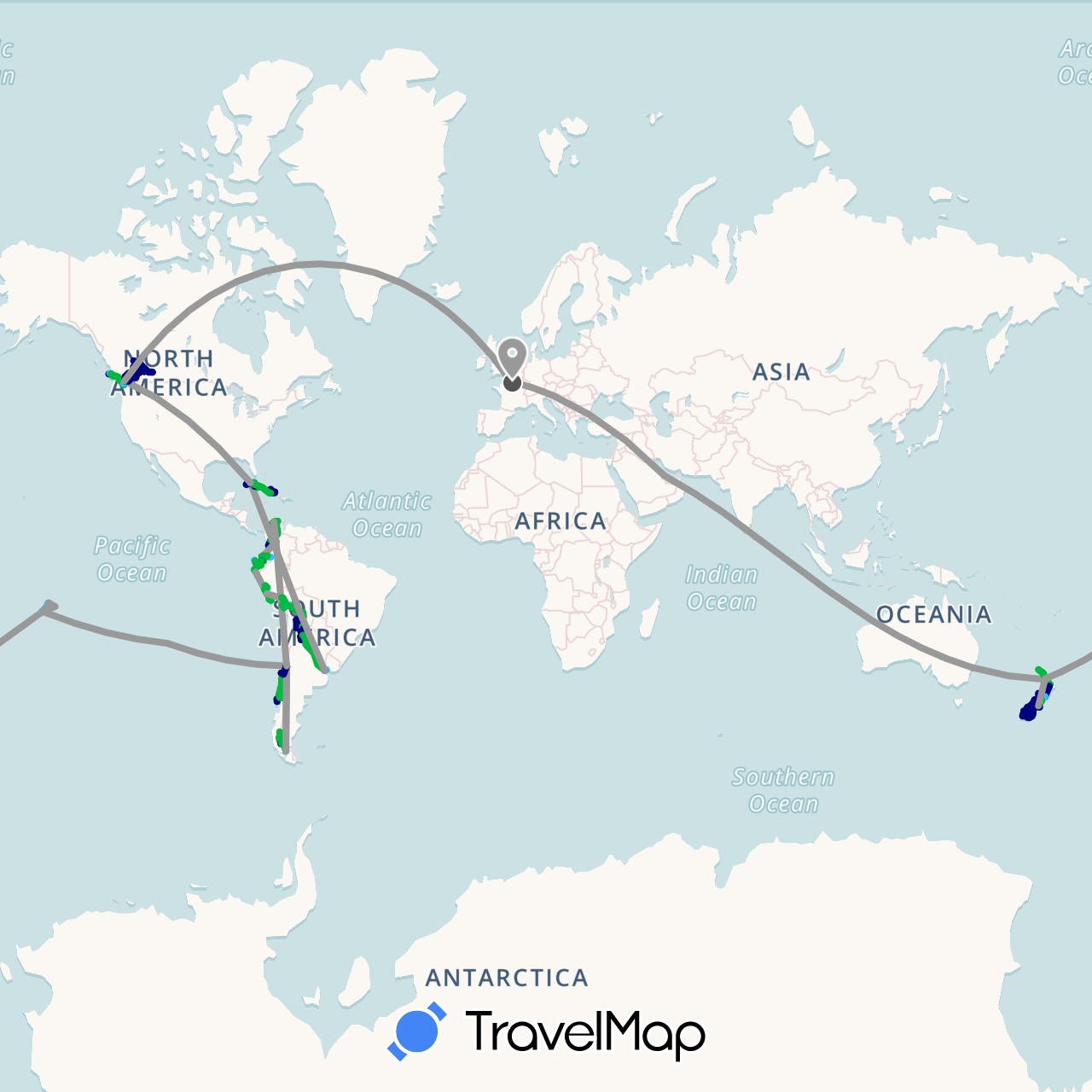 TravelMap itinerary: driving, bus, plane, cycling, train, hiking, boat, motorbike in Argentina, Australia, Bolivia, Canada, Chile, Colombia, Cuba, Ecuador, France, New Zealand, Peru, French Polynesia, Qatar, Uruguay (Asia, Europe, North America, Oceania, South America)